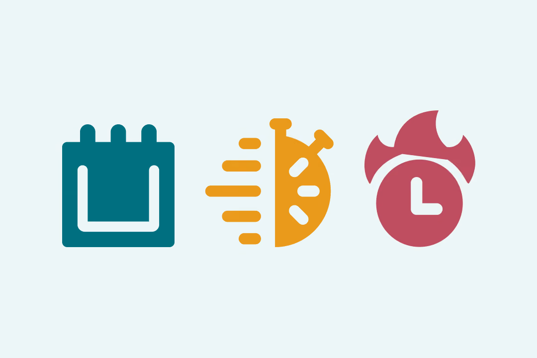 Three icons representing time concepts: a teal calendar, a yellow stopwatch with speed lines on the left, and a red clock with flames above it.