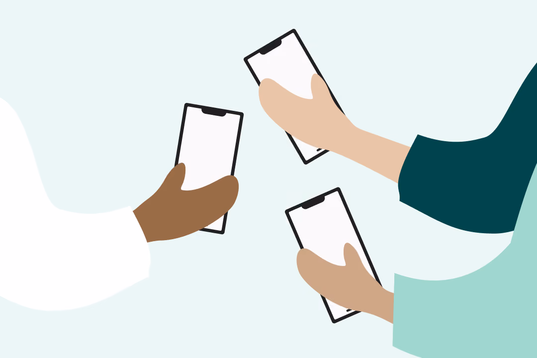 Illustration of three hands of different skin tones holding smartphones against a light background.