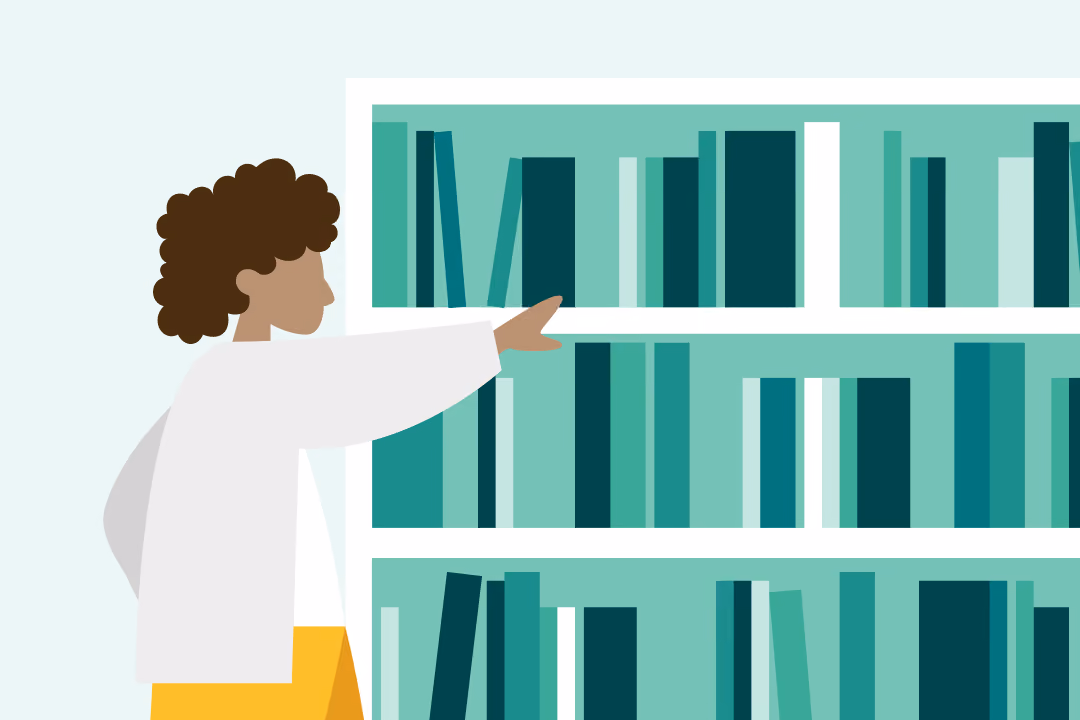 Illustration of a person reaching out to take a book on a bookshelf filled with variously books.