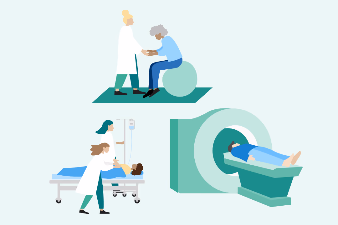 Illustration of medical care featuring three scenes: a doctor consulting a seated elderly patient, two medical staff attending a patient lying on a hospital bed with an IV drip, and a patient undergoing an MRI scan inside a large green scanner.