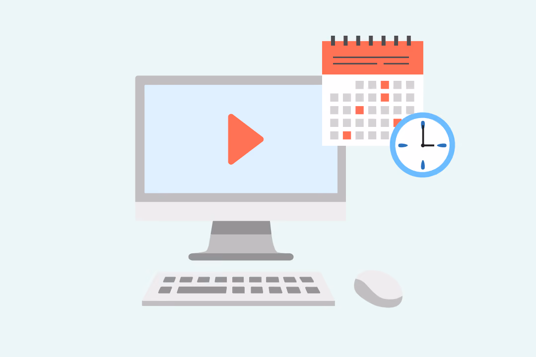 Illustration of a desktop computer with a play button on the screen, accompanied by a calendar and a clock.