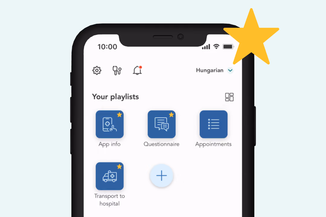 Mobile phone screen showing a playlist interface with four blue square icons labeled App info, Questionnaire, Appointments, and Transport to hospital, three marked with a yellow star.