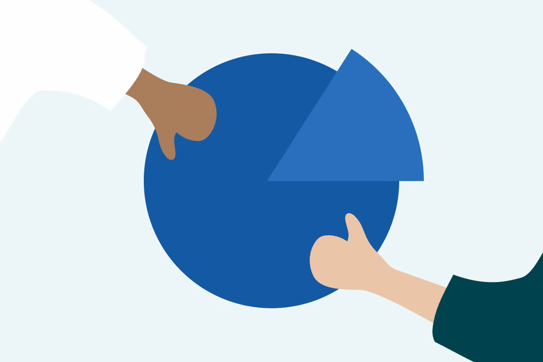 Illustration of two hands with thumbs up around a dark blue pie chart with a lighter blue slice separated to the right.