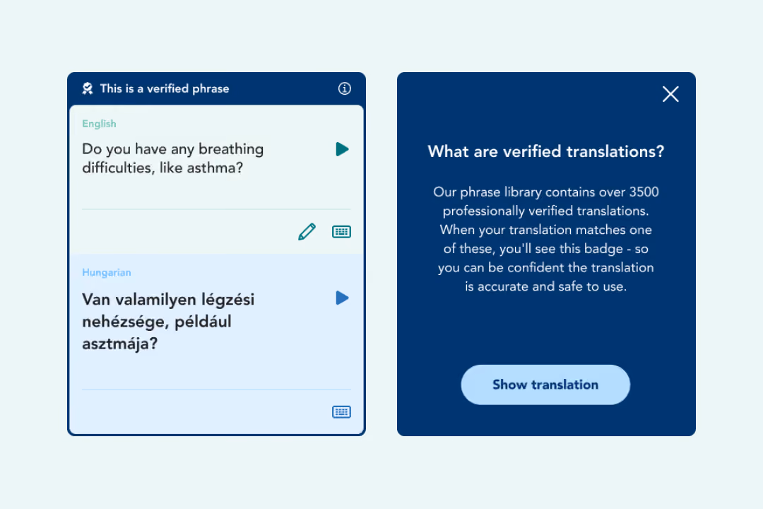 Interface of the Care to Translate app showing a verified phrase with English text asking, 'Do you have any breathing difficulties, like asthma?' and its Hungarian translation. A side panel explains verified translations.