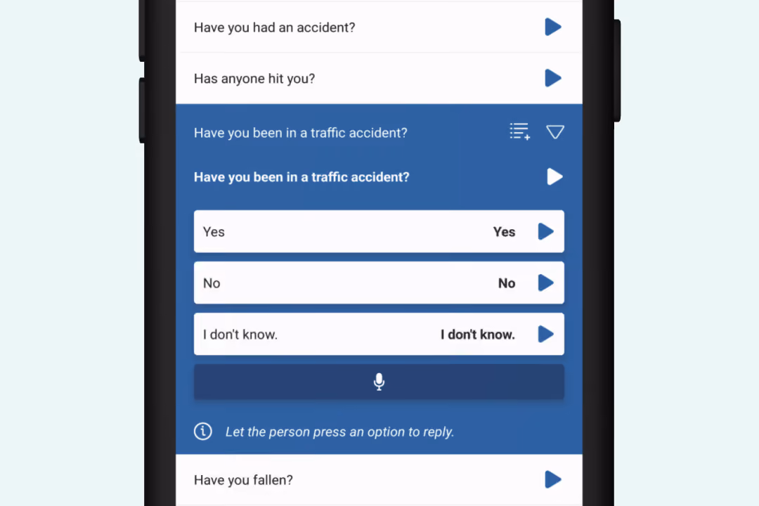 Mobile device screen showing a phrase list interface in Care to Translate, with selectable response options Yes, No, and I don't know, and voice input button below.