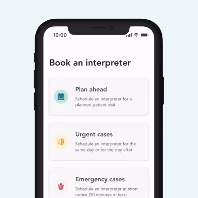 Smartphone screen displaying a booking interface titled 'Book an interpreter' in the Care to Translate app with three options: 'Plan ahead' for scheduling an interpreter for a planned patient visit, 'Urgent cases' for scheduling same day or next day, and 'Emergency cases' for scheduling within 30 minutes or less.