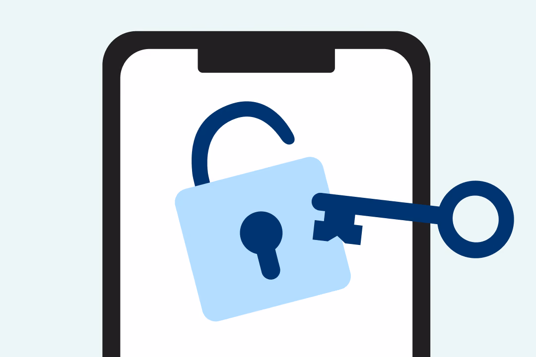 A smartphone screen displays an unlocked padlock with a key inserted, symbolizing security or access.