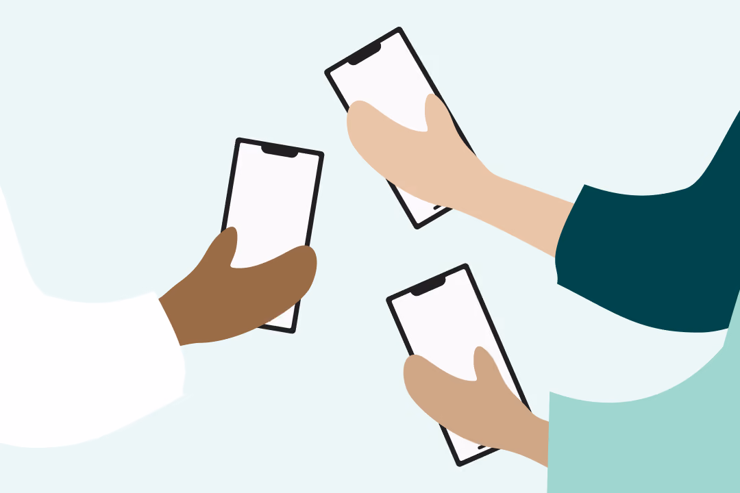 Illustration of three hands of different skin tones holding smartphones against a light background.