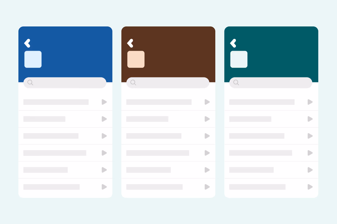 Three side-by-side vertical phrase lists with different header colors: blue, brown, and teal.