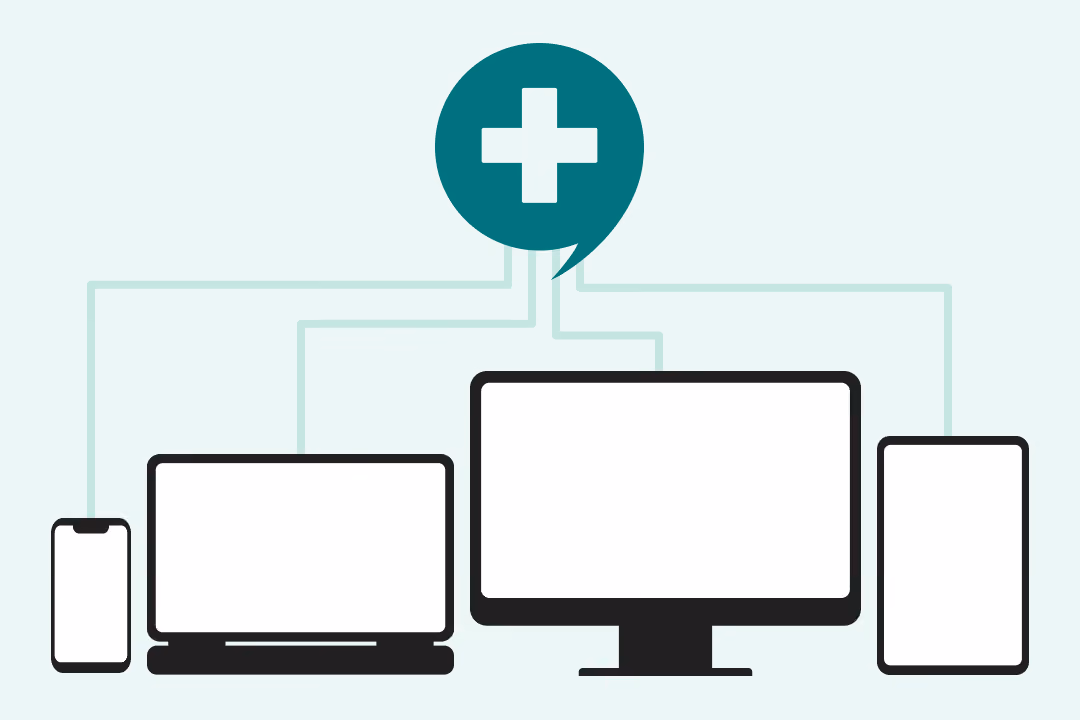Illustration of various digital devices including a smartphone, laptop, desktop monitor, and tablet connected by lines to a speech bubble containing a white medical cross symbol.