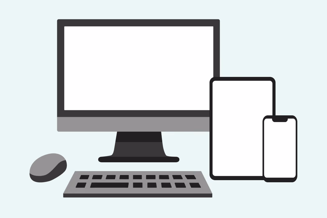 Illustration of a desktop computer with a mouse and keyboard next to a tablet and a smartphone.