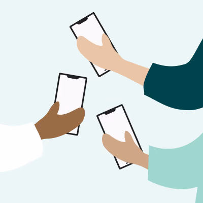 Illustration of three hands of different skin tones holding smartphones against a light background.