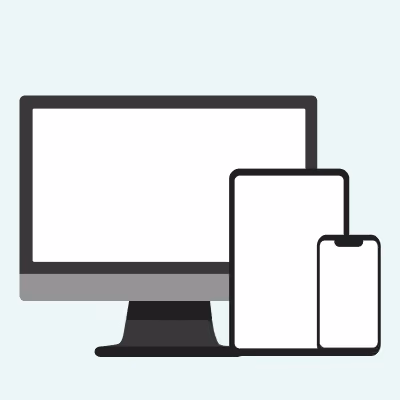 Simple black and gray illustrations of a desktop monitor, a tablet, and a smartphone on a light blue background.