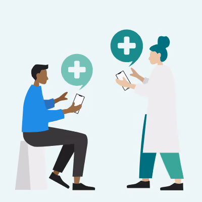 Illustration of a seated man showing a smartphone to a standing woman in a white coat, both with speech bubbles containing white medical cross symbols.