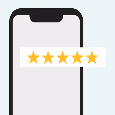 Smartphone screen with a five-star rating displayed in the center on a white background.