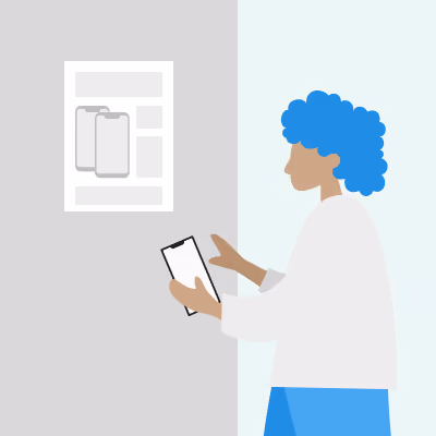 Illustration of a person with blue curly hair holding a smartphone and pointing at a poster on the wall.
