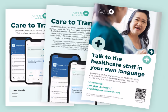 Three overlapping promotional posters for Care to Translate, a multilingual medical translation app; the rightmost poster features a smiling woman and the headline 'Talk to the healthcare staff in your own language' with bullet points highlighting free use, no signup needed, and a QR code.