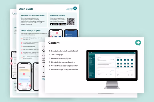User guide document for the Care to Translate translation app on a light teal background.