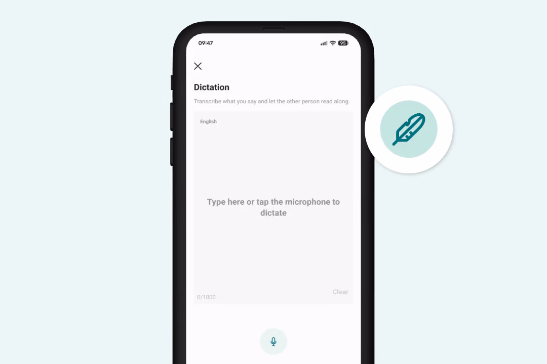 Smartphone screen showing Care to Translate's dictation interface with text prompting to type or tap the microphone to dictate.