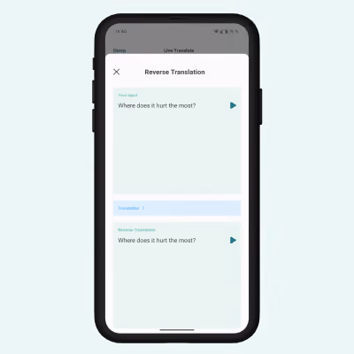 Smartphone screen showing the translation app Care to Translate's reverse translation feature.