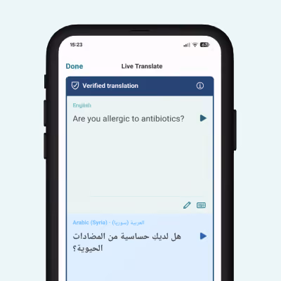 Smartphone screen showing the live translation app Care to Translate with 'Are you allergic to antibiotics?' translated from English to Arabic (Syria) as 'هل لديك حساسية من المضادات الحيوية؟' and a verified translation badge.