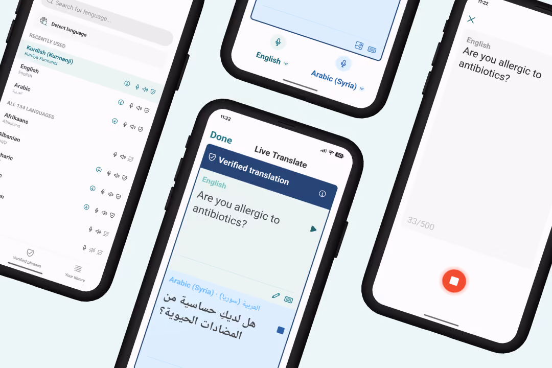 Four smartphone screens showing different stages of the real-time translation feature in the Care to Translate translation app, including language selection with recent languages Kurdish, English, and Arabic, a text input screen translating English phrase 'Are you allergic to antibiotics?' to Arabic, and a recording screen with a red stop button.