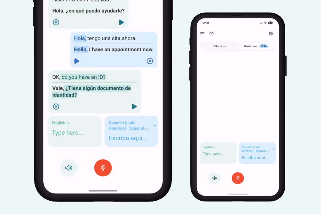 Two smartphones displaying the Care to Translate translation app interface in conversation mode with English and Spanish text. The left phone shows a chat with translated messages: Hello how can I help you?, Hola, tengo una cita ahora. Hello, I have an appointment now., OK, do you have an ID? Vale, ¿Tiene algún documento de identidad? The right phone screen shows empty text input boxes and toggle buttons labeled Take turns and Hands-free.