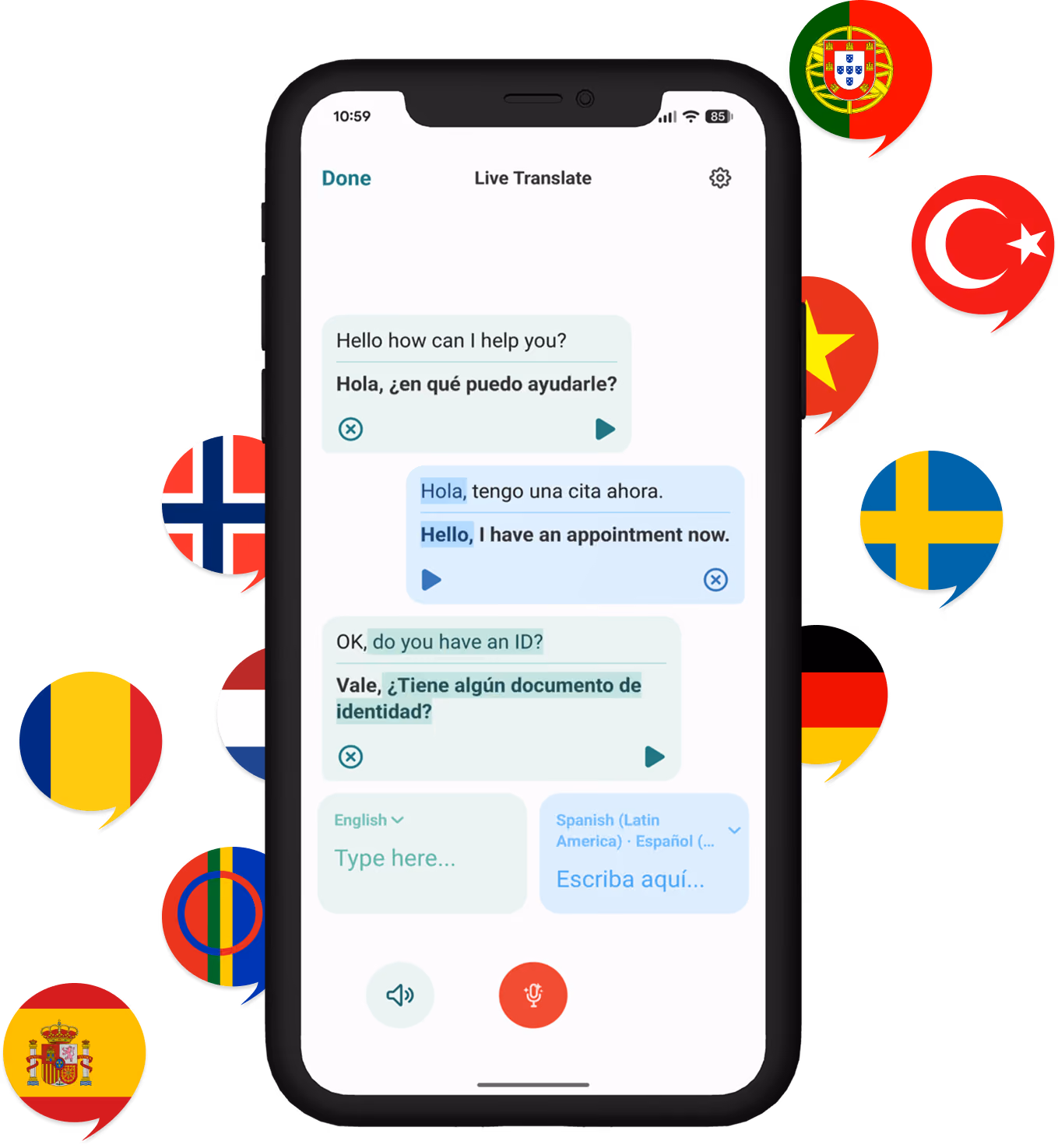 Smartphone screen showing the Care to Translate real-time translation app in conversation mode, surrounded by speech bubbles with various country flags.