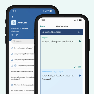 Two smartphones with visuals of the Care to Translate app