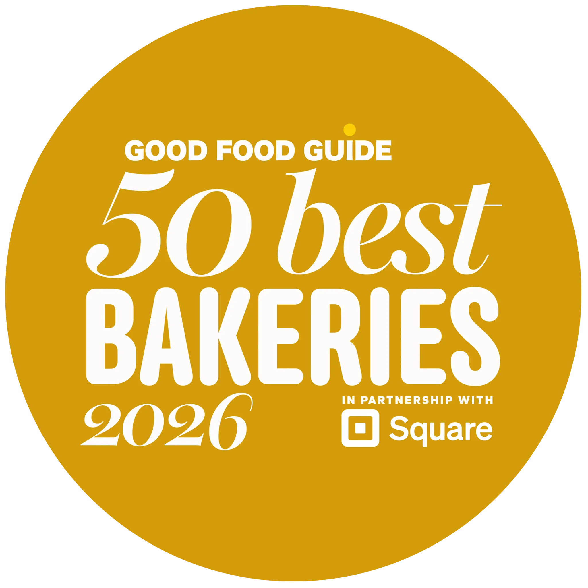 A picture of the Good Food Guide 2025 logo, to denote the bakery being named one of the UK's 50 best bakeries in 2025.
