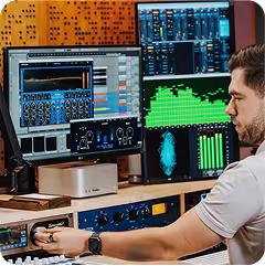 Tomasz Moskalski podczas pracy w studiu – twórca kursu miksu i masteringu muzyki.