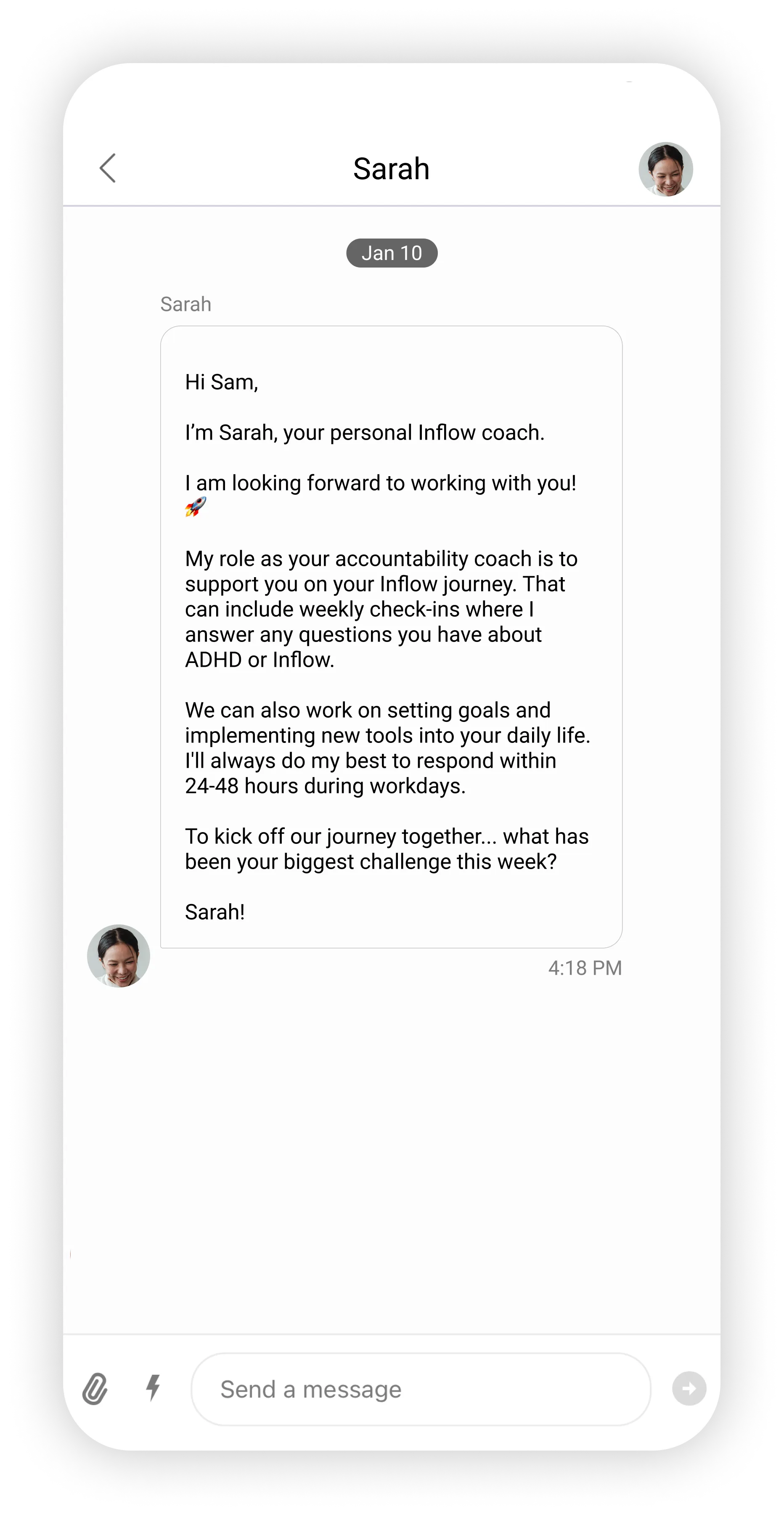 Inflow app screenshot with a message from an ADHD coach