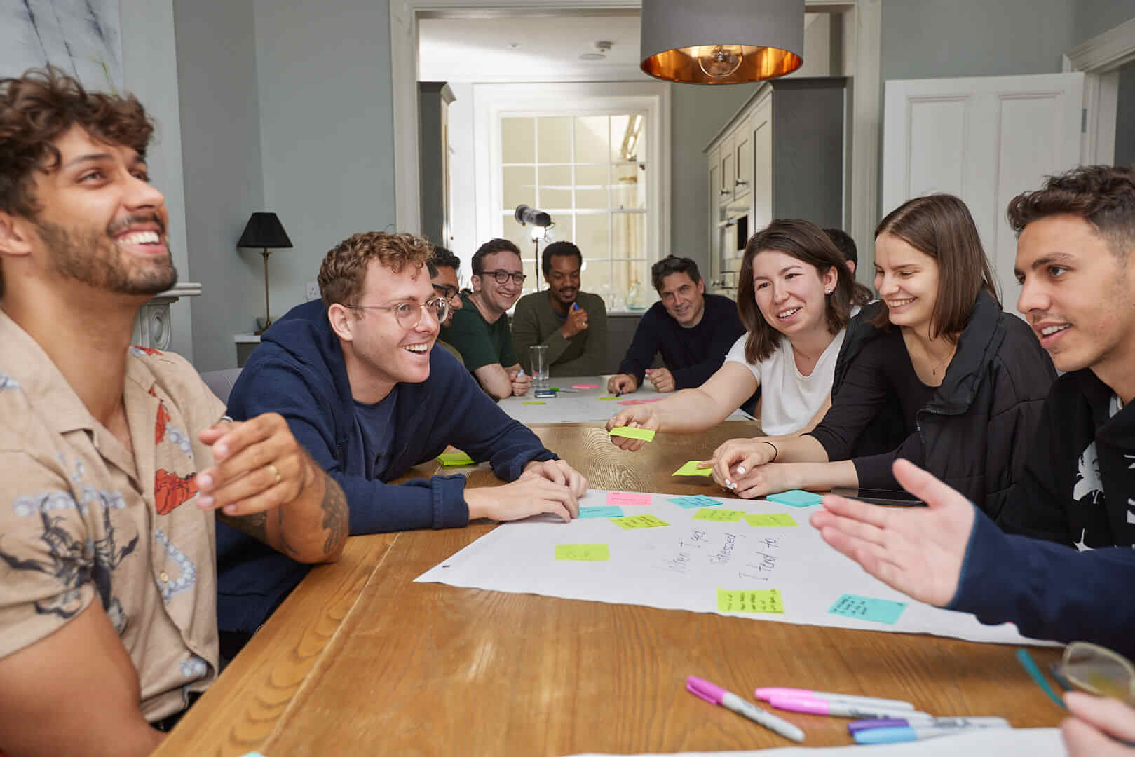 Members of the Inflow team doing a team-building exercise together as they review the company's values.