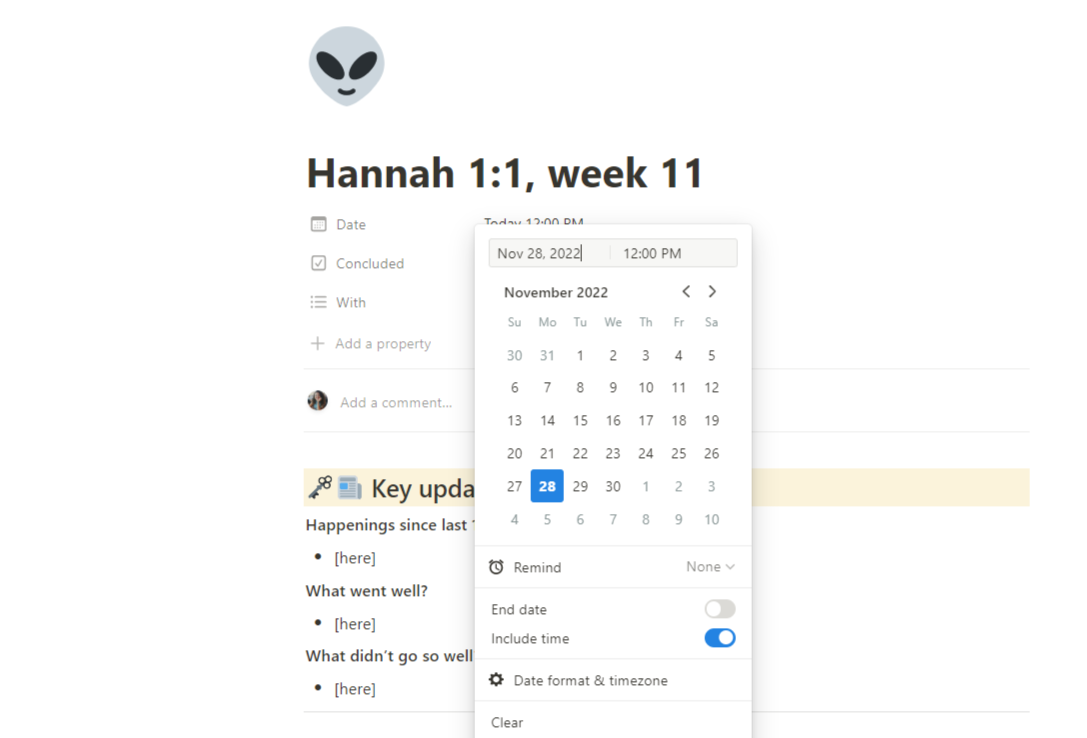 screenshot of how to use date property on notion databases