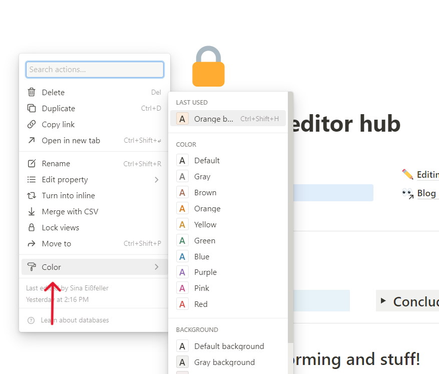 screenshot of how to use color and editing function on notion