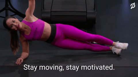 Gif of a woman in pink sportswear and gym shoes, leaning on the floor in a side plank (resting her weight only on one underarm and her foot). She is moving her hips up and down while speaking into a microphone. The caption reads: Stay moving, stay motivated.