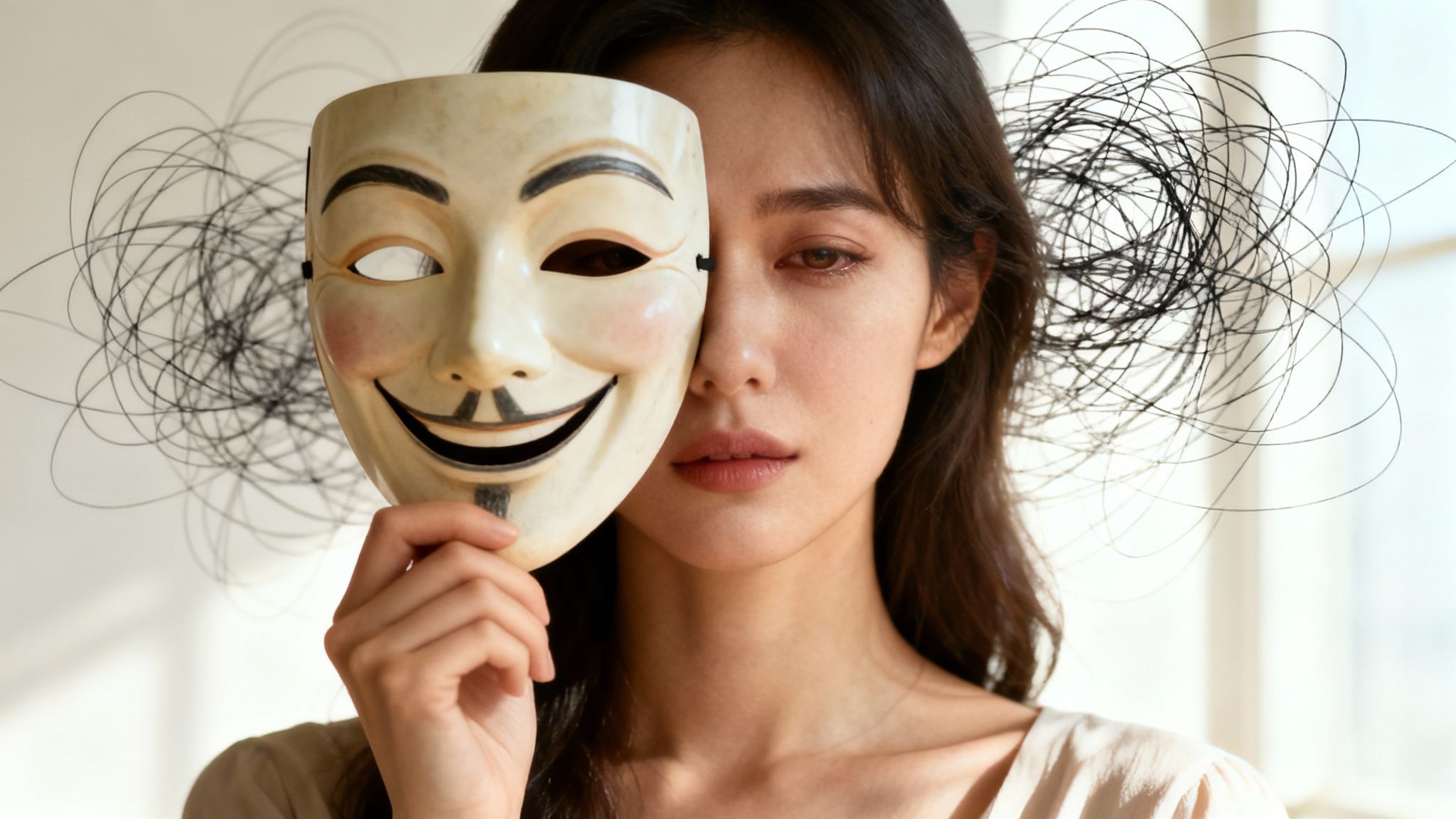 A woman wearing a neutral mask, symbolizing the hidden effort of masking ADHD symptoms.