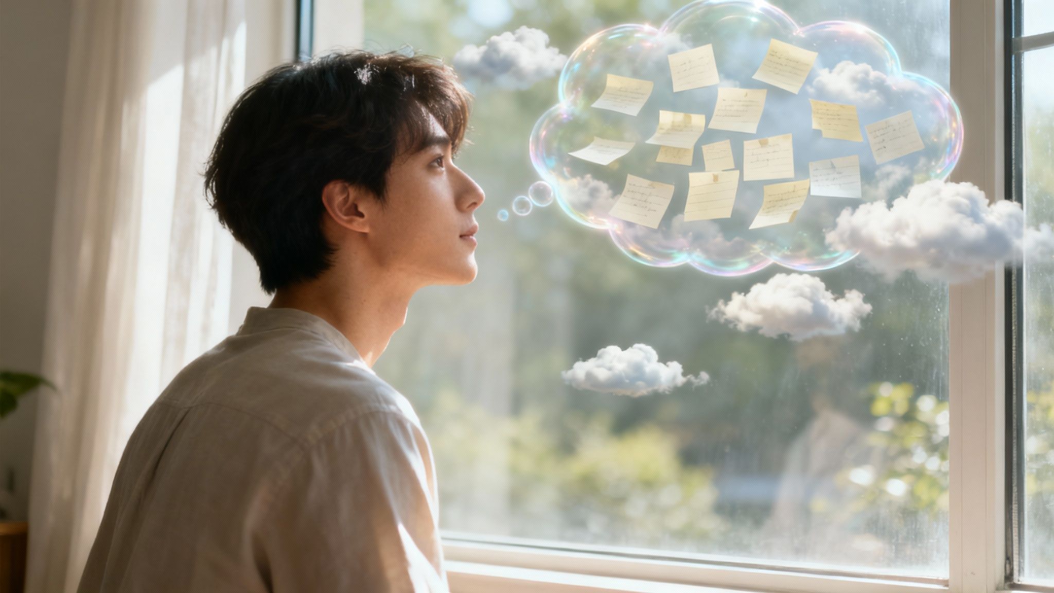 A woman sits on a couch, looking out a window thoughtfully, symbolizing the internal and often unseen nature of inattentive ADHD.