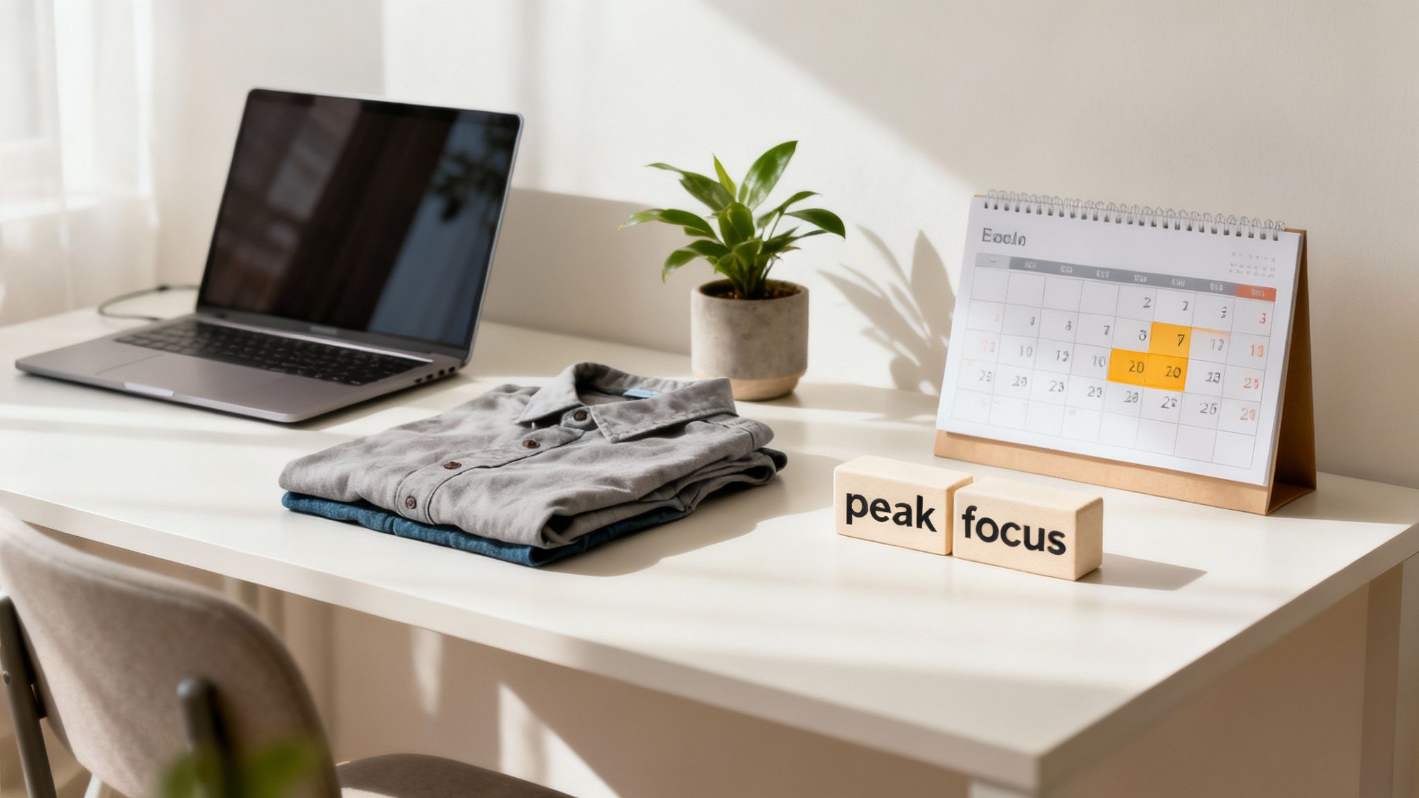 A person with a neat and organized desk with plants, working focused on a laptop.