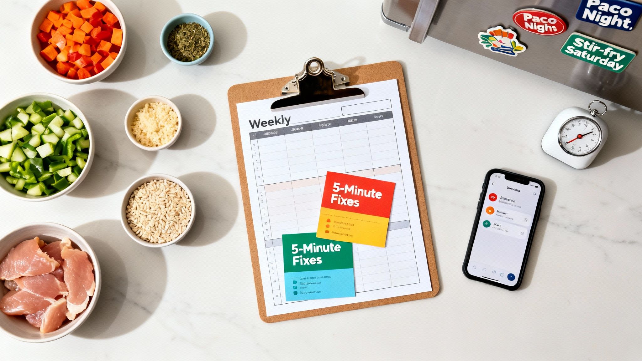 A weekly meal planner with “5-Minute Fixes” cards sits on a counter surrounded by prepped ingredients, a timer, and a phone displaying a to-do list app.