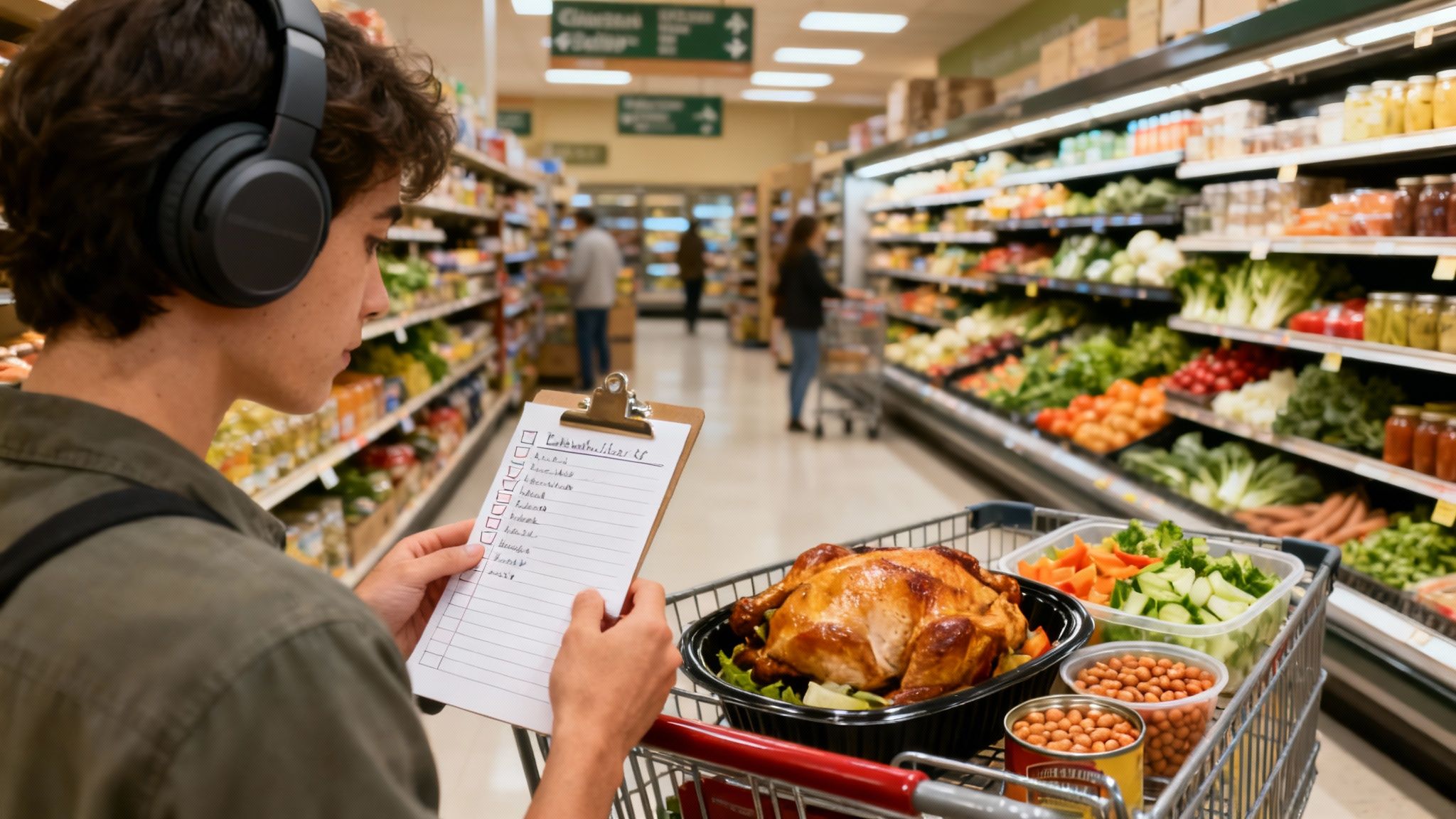A person pushing a grocery cart while looking at a smartphone.