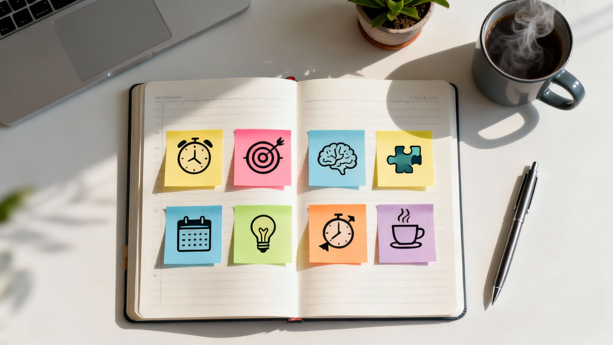 An open planner with colorful sticky notes showing icons for time, goals, and focus, surrounded by a laptop, coffee, pen, and a small plant.