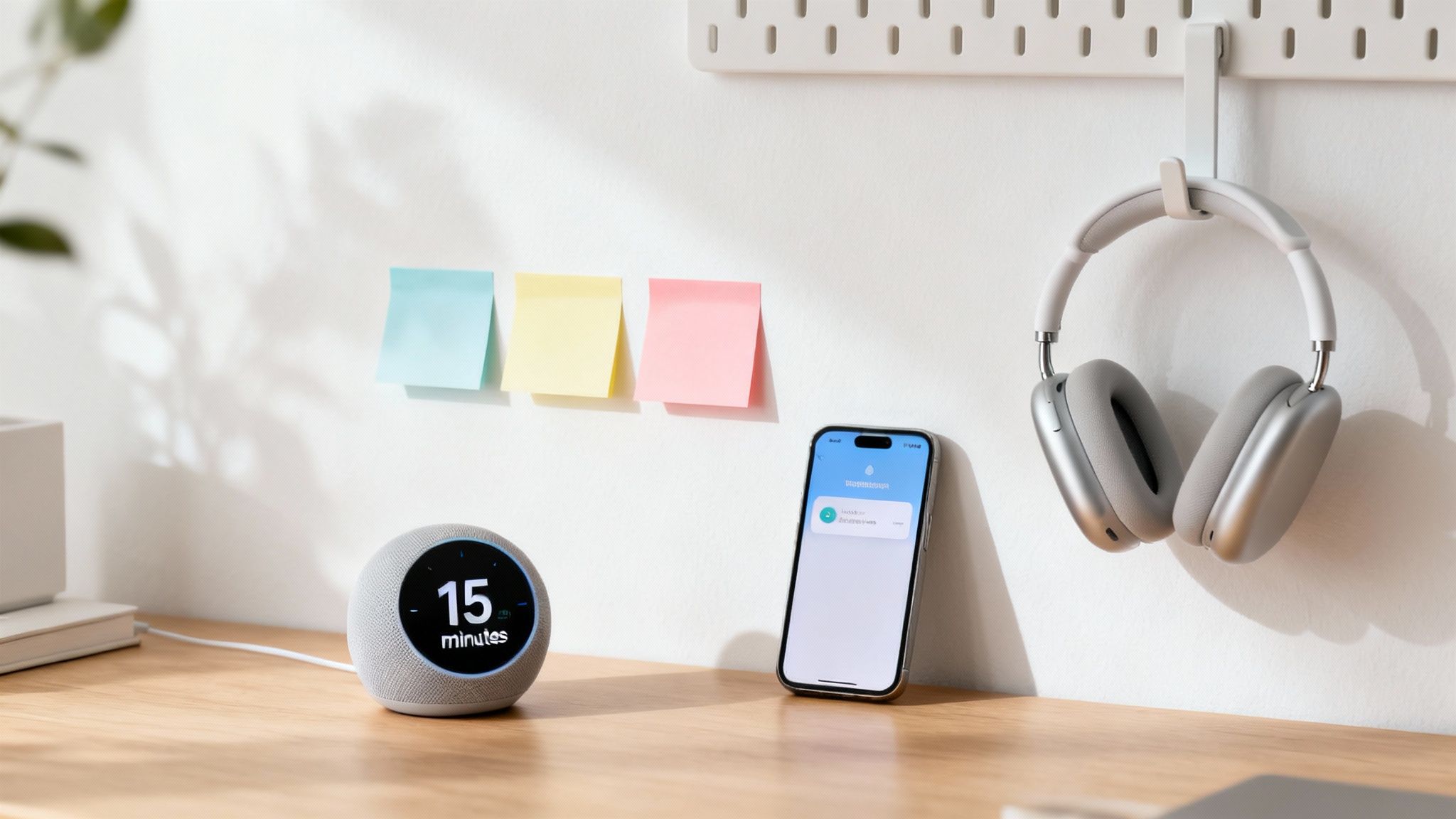 A desk with a laptop, smartphone, and various organizational tools, symbolizing the use of technology for ADHD management.