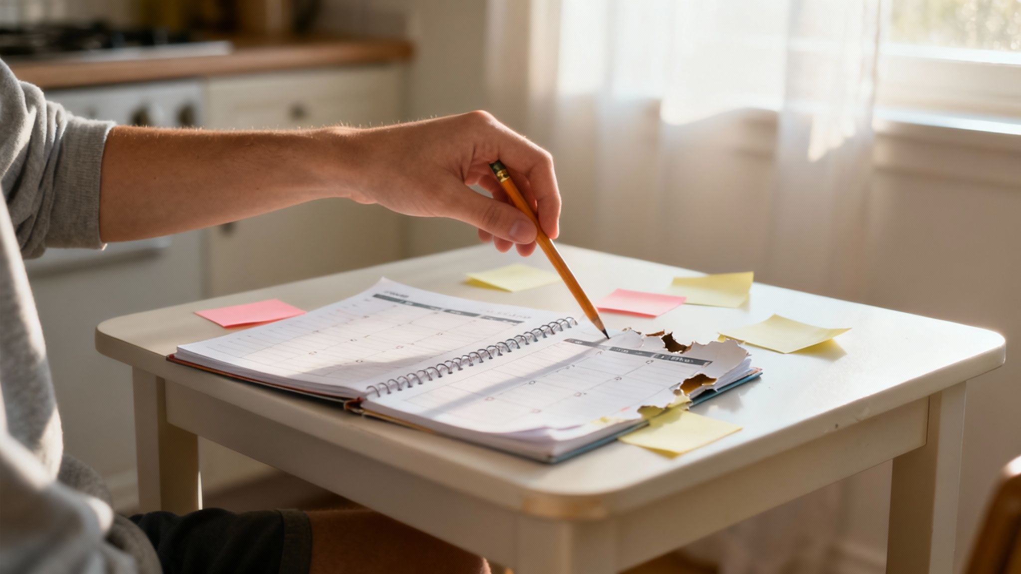 A person with a thoughtful expression looking at a wall of sticky notes, representing the challenge of organizing thoughts with ADHD.