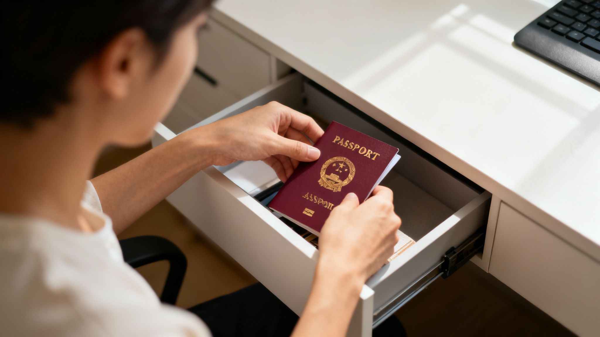 A person taking a mindful pause, visualizing where they are placing their keys.