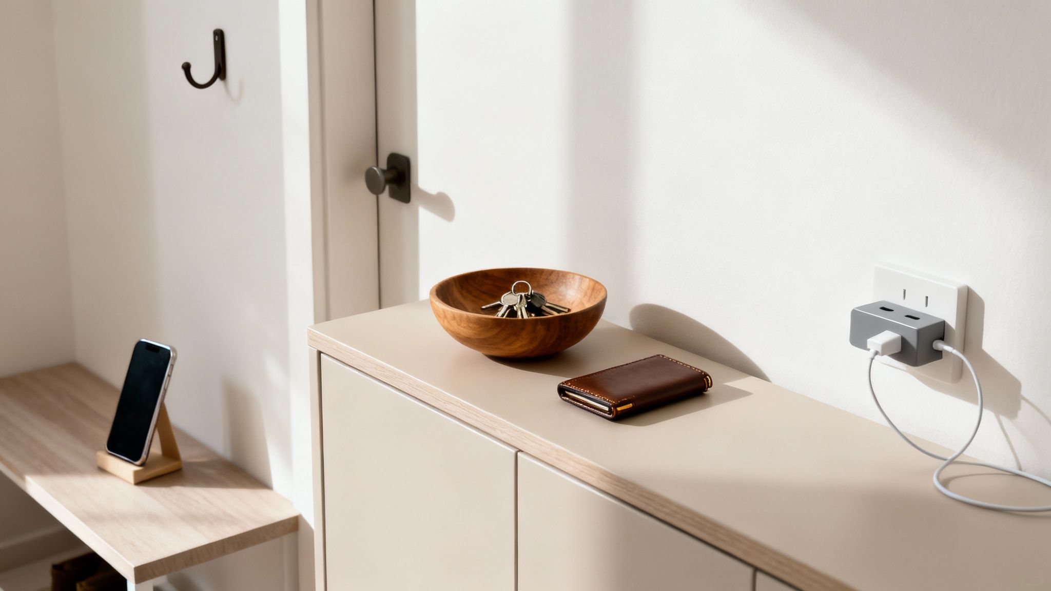A designated 'launch pad' area by a home's entryway with a bowl for keys and a spot for a wallet.
