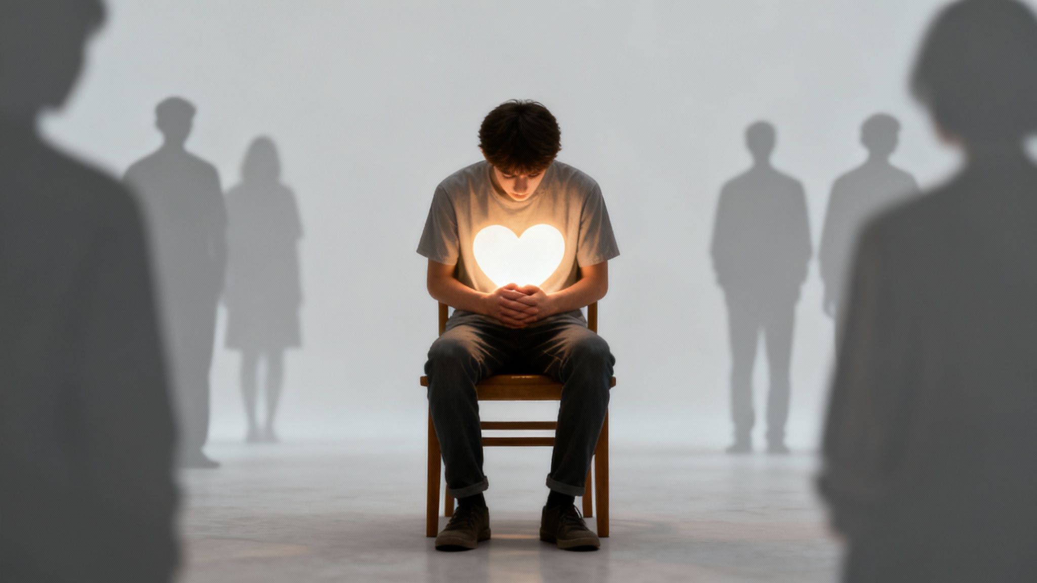 A person sits alone on a chair with a glowing heart on their chest, surrounded by shadowy figures, symbolizing vulnerability and emotional intensity.