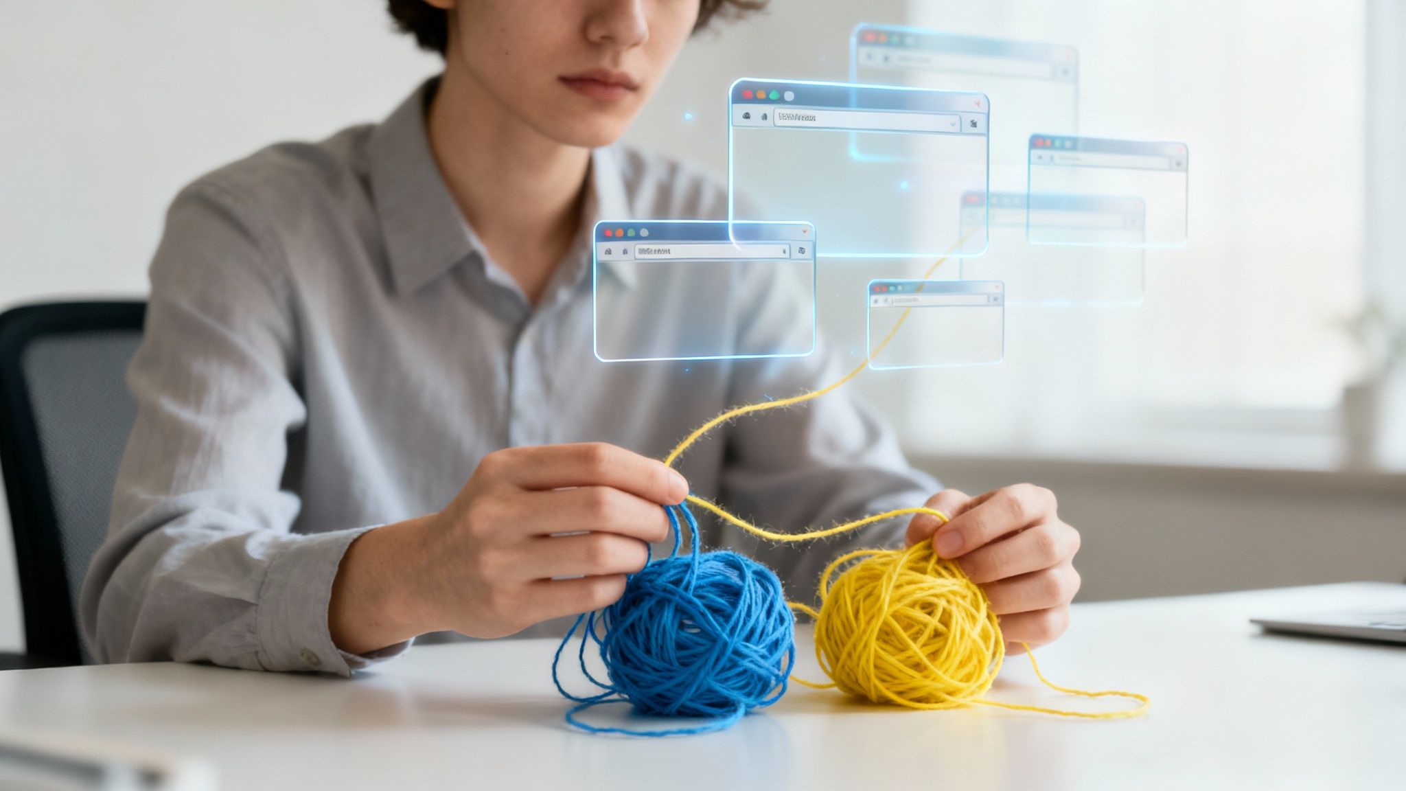 A person looking thoughtful with abstract lines representing the chaos of ADHD and anxiety.