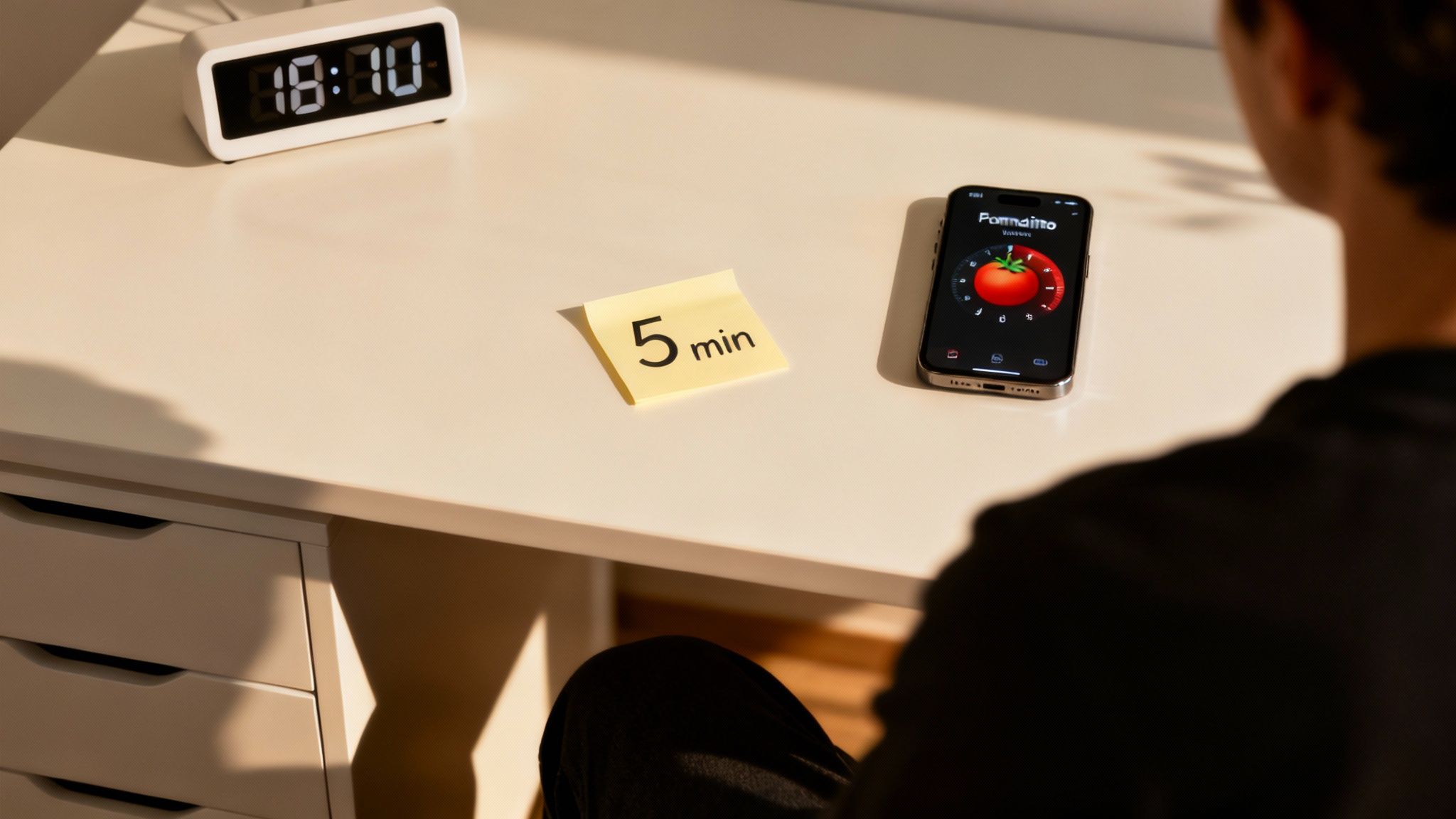 A person using a visual timer on a desk next to a laptop.