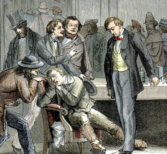 Colored engraving of a crowd of men gathered around a man slumped in a chair
